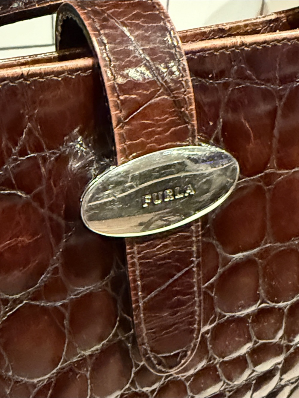 Vintage 80s Furla Structured Crocodile Embossed Brown… - Gem